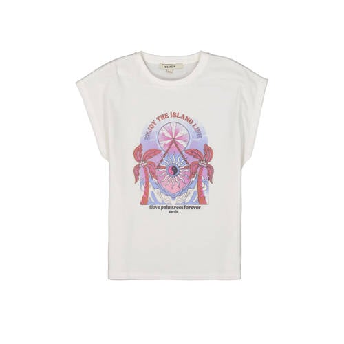 Garcia T-shirt met printopdruk wit/roze/lila Meisjes Katoen Ronde hals - 128/134