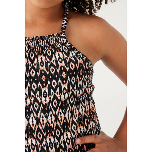 Garcia jumpsuit van polyester zwart ecru oranje All over print 128