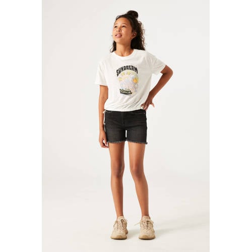 Garcia T-shirt van polyester ecru zwart geel Printopdruk 128 134