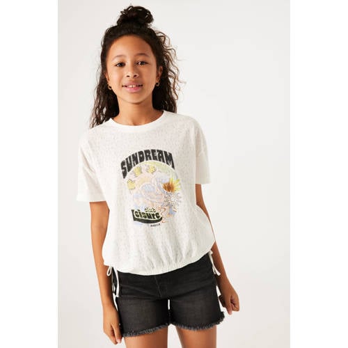 Garcia T-shirt van polyester ecru zwart geel Printopdruk 128 134