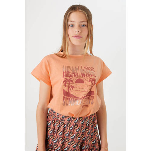 Garcia T-shirt met printopdruk oranje Meisjes Katoen Ronde hals Printopdruk 128 134