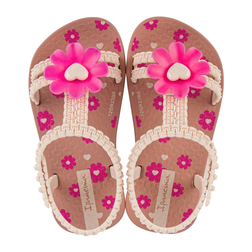 Beige en roze meisjes Ipanema Daisy Baby gebloemde sandalen van flexband met drukknoop