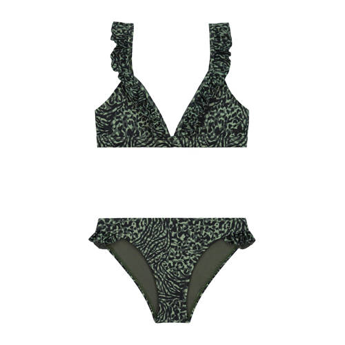 Shiwi triangel bikini Bella met ruches groen/zwart Meisjes Polyester All over print