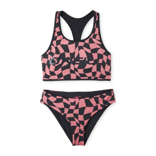 O'Neill crop bikini Active Sporty zwart/roze Meisjes Polyester Ruit