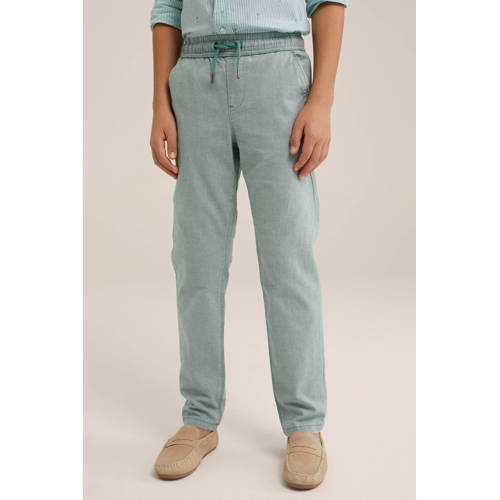 WE Fashion gemêleerde tapered fit broek sagebrush green Groen Jongens Stretchkatoen 98