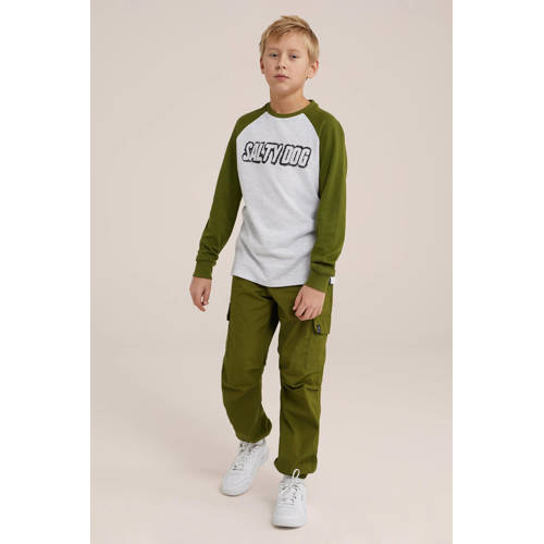 WE Fashion tapered fit cargobroek olijf groen Jongens Katoen Effen 110