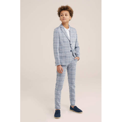 WE Fashion geruite slim fit broek lichtblauw Jongens Polyester Ruit 98