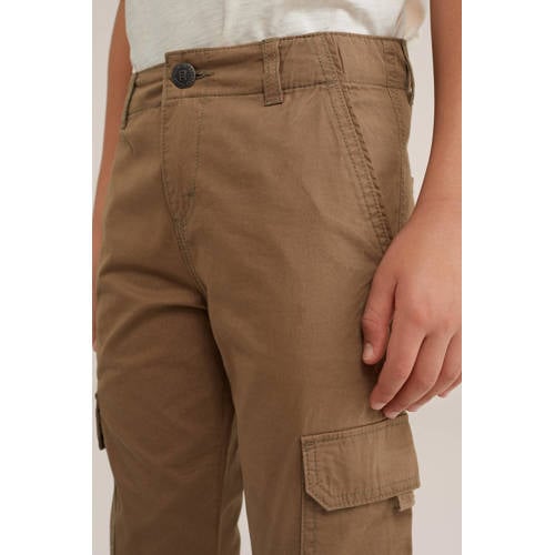 WE Fashion tapered fit cargobroek kaki Groen Jongens Katoen Effen 110