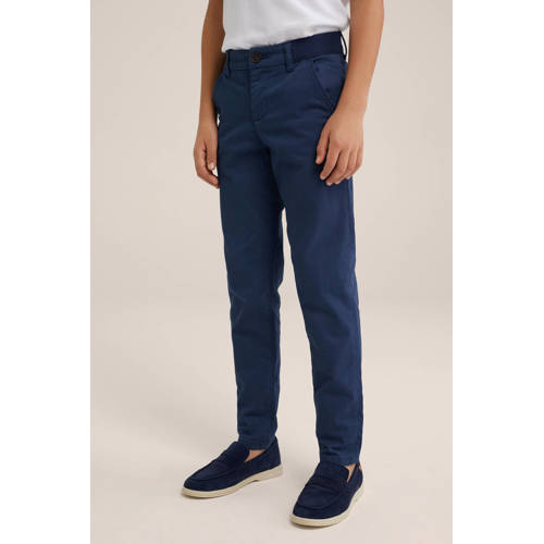 WE Fashion slim fit broek met all over print donkerblauw Jongens Katoen 104