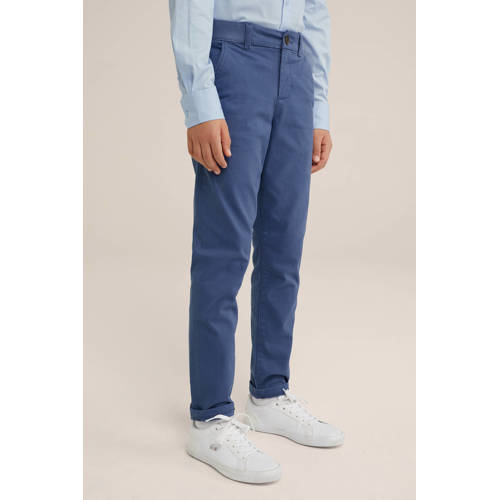 WE Fashion slim fit broek met all over print middenblauw Jongens Katoen 98