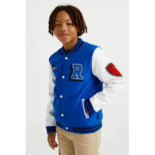 WE Fashion baseball jacket van polyester blauw wit Jas Meerkleurig 98 104