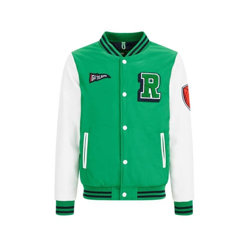 WE Fashion baseball jacket van polyester groen/wit Jas Meerkleurig - 110/116