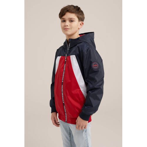 WE Fashion zomerjas donkerblauw rood wit Multi Jongens Polyester Capuchon 98 104