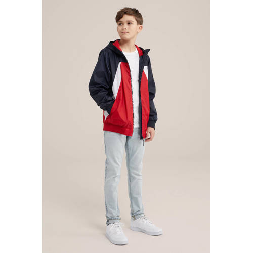 WE Fashion zomerjas donkerblauw rood wit Multi Jongens Polyester Capuchon 98 104