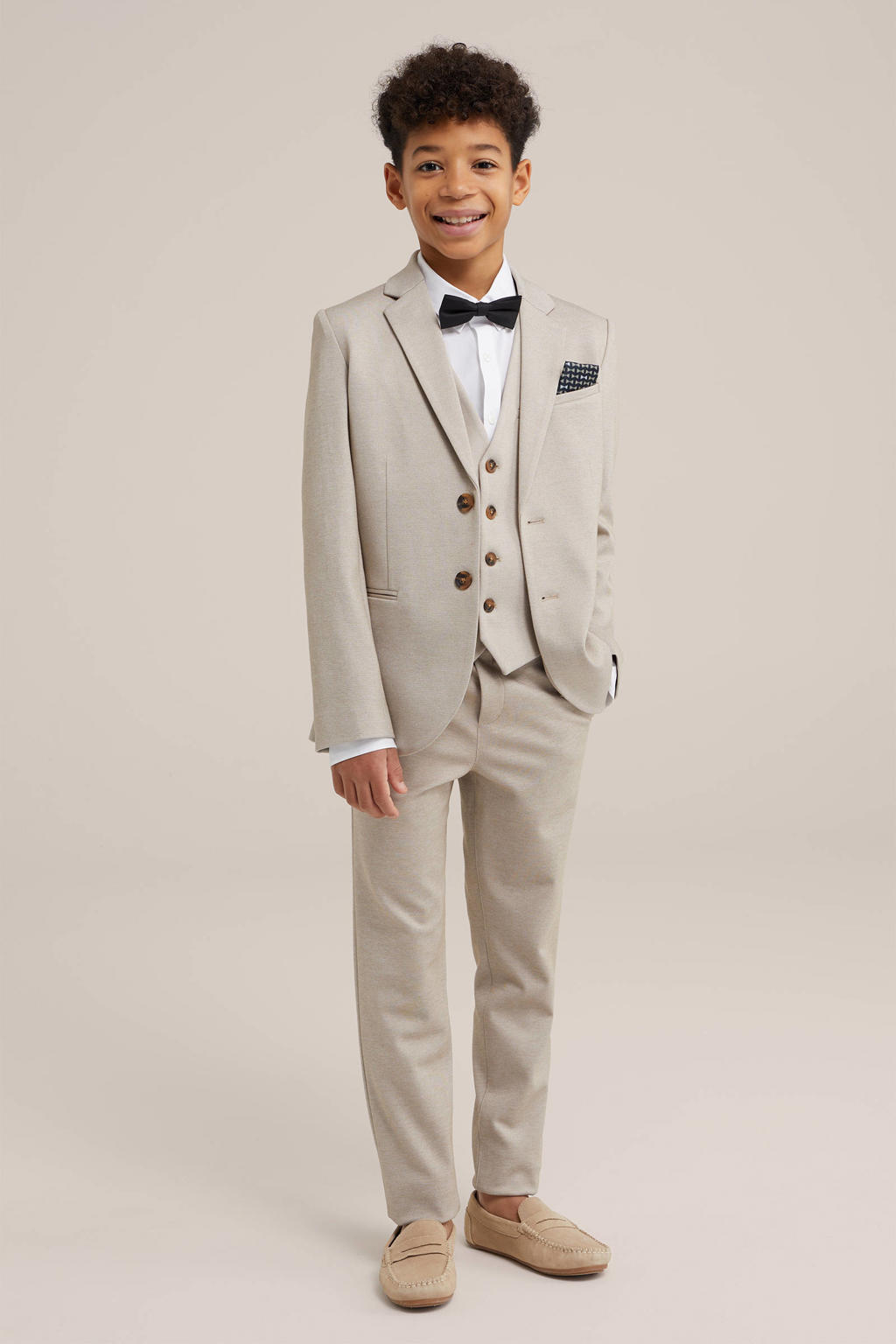 Zandkleurige jongens WE Fashion gemêleerde slim fit broek van polyester met regular waist en elastische tailleband met koord