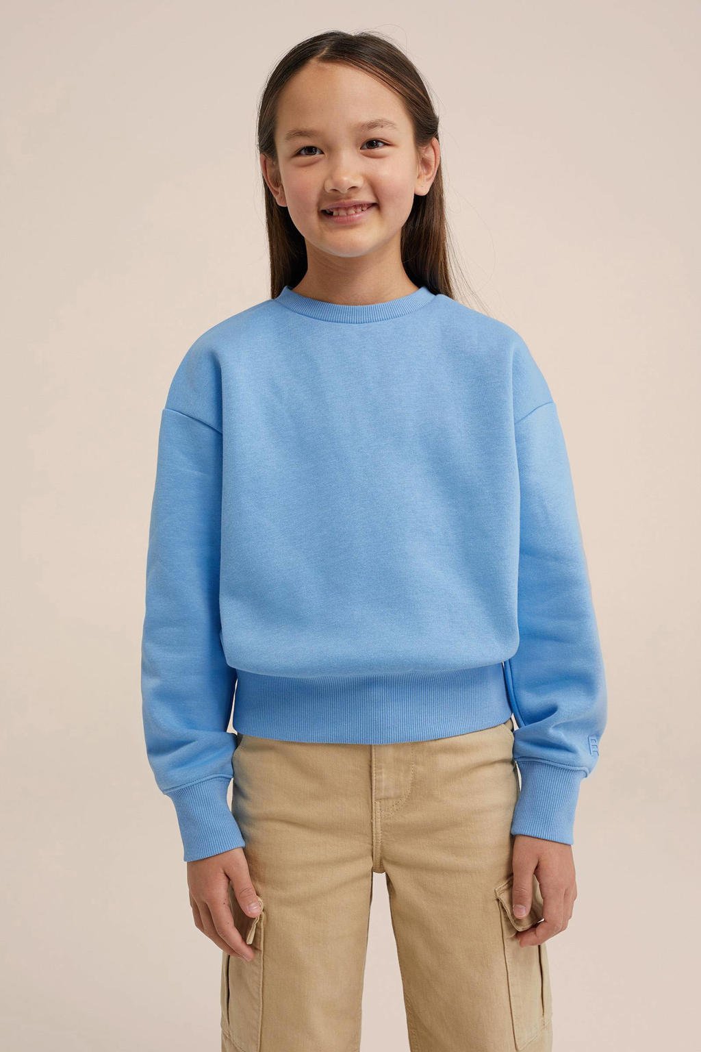 Lichtblauwe meisjes WE Fashion Blue Ridge sweater met lange mouwen en ronde hals