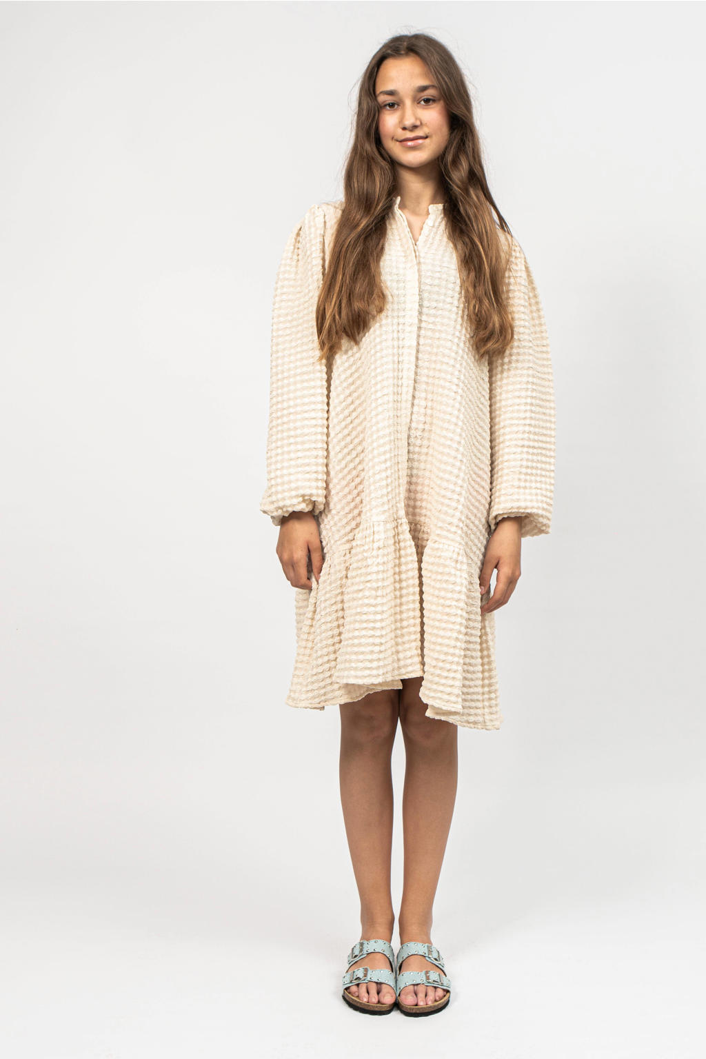Ecru meisjes Sofie Schnoor jurk van polyester met effen, lange mouwen, opstaande kraag en knoopsluiting