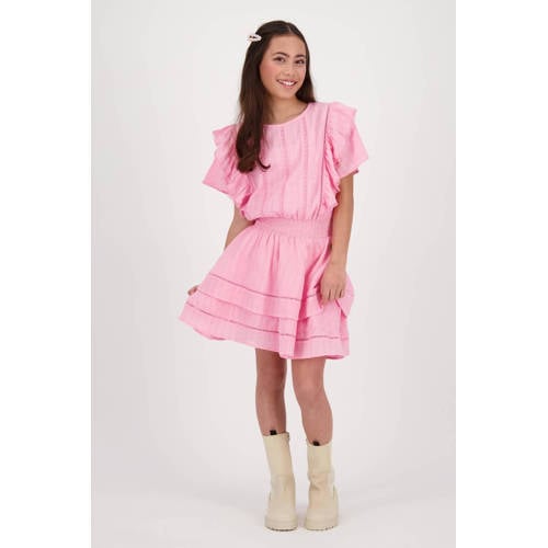 VINGINO jurk Pleun met ruches roze Meisjes Katoen Ronde hals Effen 116