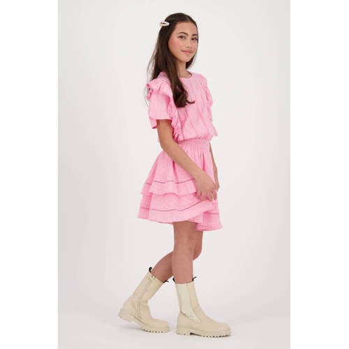 VINGINO jurk Pleun met ruches roze Meisjes Katoen Ronde hals Effen 116