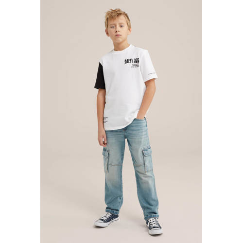 WE Fashion regular fit jeans bleached denim Blauw Jongens Stretchdenim 98