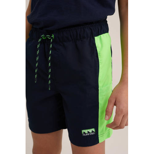 WE Fashion zwemshort donkerblauw neon groen Jongens Polyester Meerkleurig 98 104