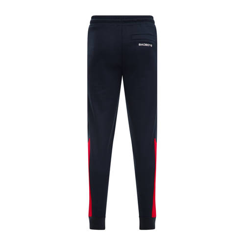 WE Fashion regular fit joggingbroek donkerblauw rood Jongens Gerecycled polyester 104