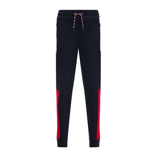 WE Fashion regular fit joggingbroek donkerblauw/rood Jongens Gerecycled polyester