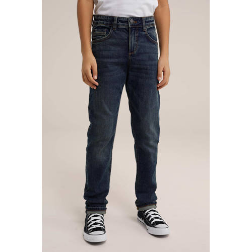 WE Fashion Blue Ridge tapered fit jeans met slijtage blue denim Blauw Jongens Stretchdenim 104