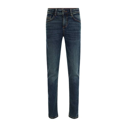 WE Fashion Blue Ridge tapered fit jeans met slijtage blue denim Blauw Jongens Stretchdenim - 104
