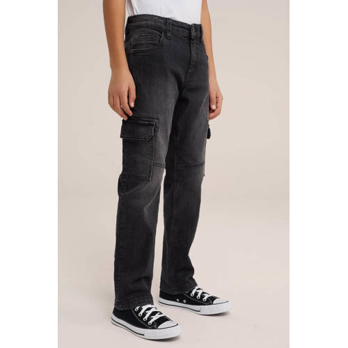 WE Fashion regular fit jeans black faded Zwart Jongens Stretchdenim Effen 104