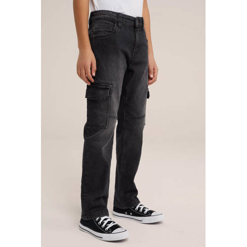 WE Fashion regular fit jeans black faded Zwart Jongens Stretchdenim Effen 104