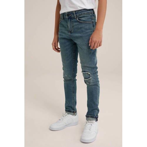 WE Fashion Blue Ridge slim fit jeans destroyed denim Blauw Jongens Stretchdenim 104