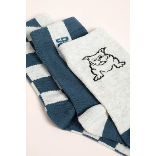 WE Fashion sokken set van 3 blauw wit Jongens Biologisch katoen All over print 23 26