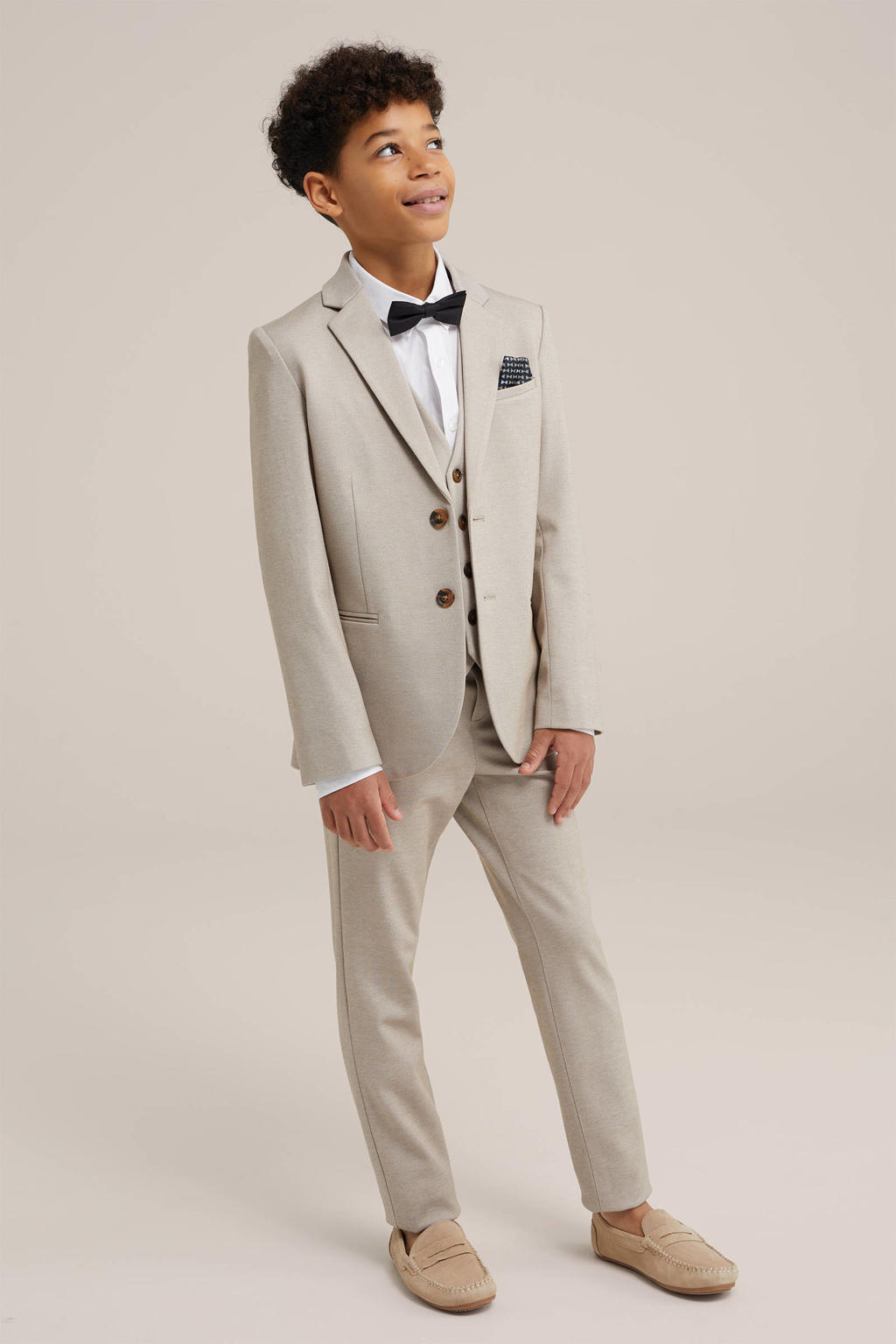 Beige jongens WE Fashion colbert van polyester met effen, lange mouwen, smokingkraag en knoopsluiting