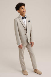 thumbnail: Beige jongens WE Fashion colbert van polyester met effen, lange mouwen, smokingkraag en knoopsluiting