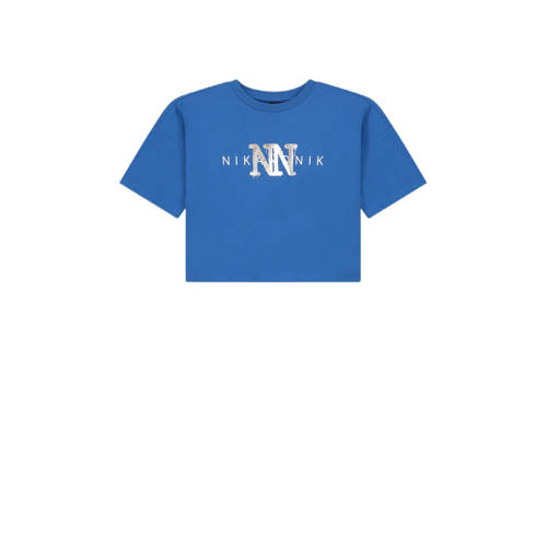 NIK&NIK T-shirt Spray met logo helderblauw Meisjes Katoen Ronde hals Logo