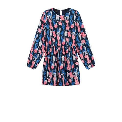 NIK&NIK gebloemde jurk Kenley blauw/roze/wit Meisjes Gerecycled polyester Ronde hals
