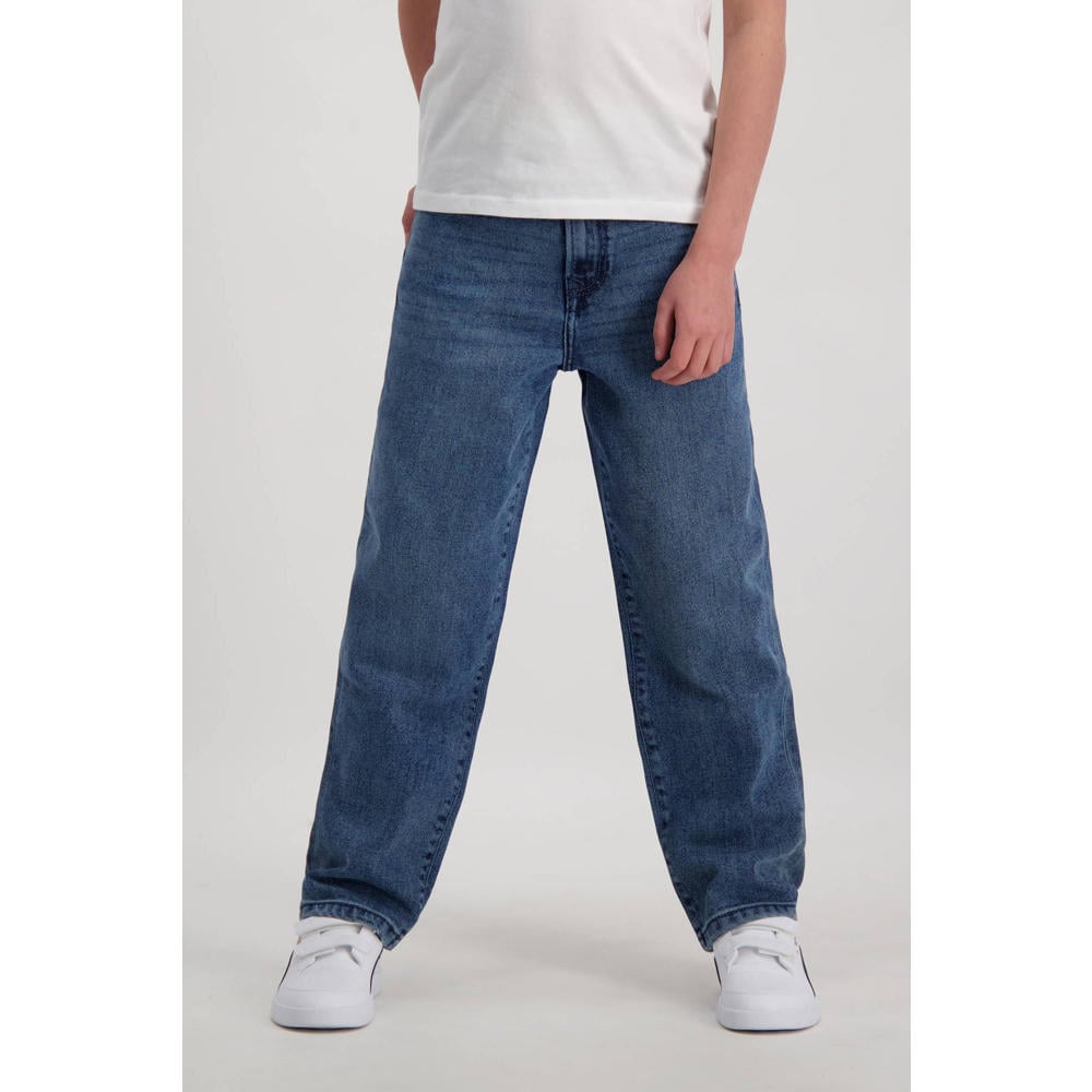 Dark blue denim jongens Cars wide leg jeans van denim met rits- en knoopsluiting en effen
