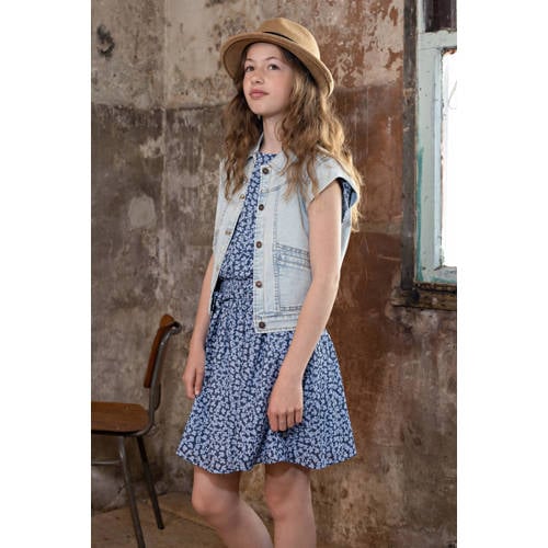 NoBell gebloemde jurk Moise donkerblauw lichtblauw Meisjes Polyester Ronde hals 122 128