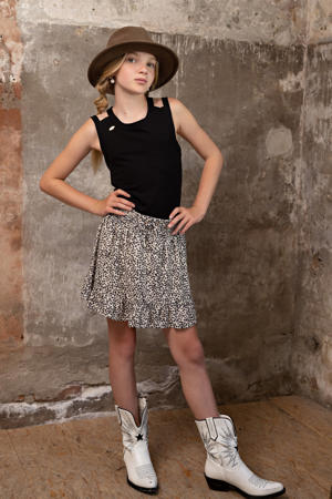rok Ninez met all over print en volant ivoor/zwart