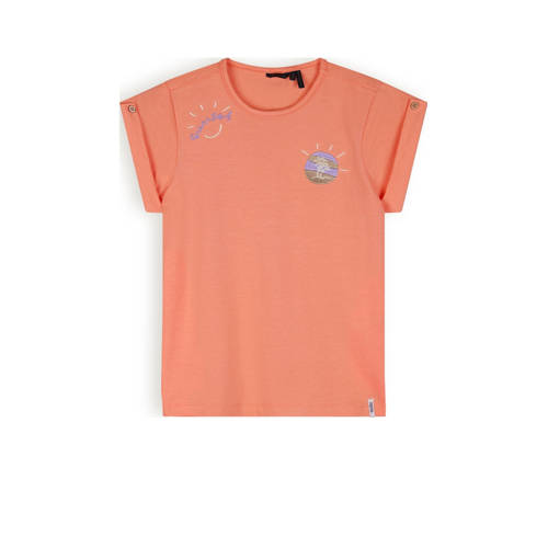 NONO T-shirt Kiki met printopdruk koraaloranje Meisjes Stretchkatoen Ronde hals - 110