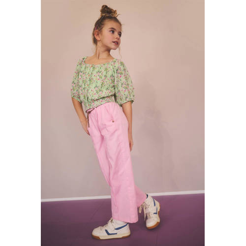 NONO gebloemde crop top Tomas lichtgroen roze Meisjes Polyester Ronde hals 104