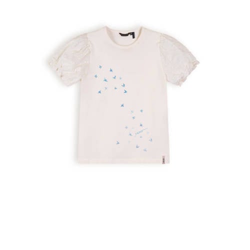 NONO T-shirt Kantal met printopdruk wit Jongens/Meisjes Biologisch katoen Ronde hals