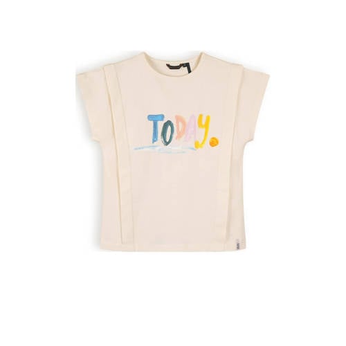 NONO T-shirt Kiam met tekst ivoor Wit Jongens/Meisjes Biologisch katoen Ronde hals