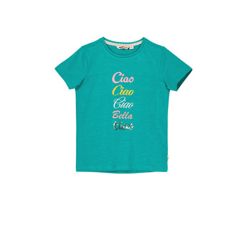 Moodstreet T-shirt met tekst turquoise Blauw Meisjes Stretchkatoen Ronde hals