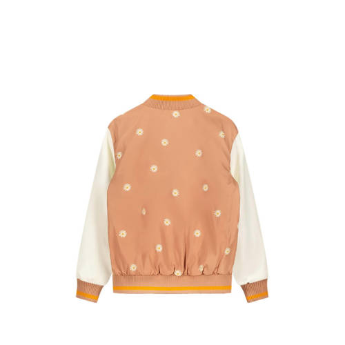 Moodstreet gebloemde baseball jacket lichtbruin offwhite Jas Meisjes Gerecycled polyester Opstaande kraag 110 116