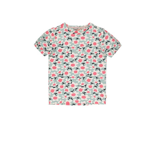 Moodstreet gebloemd T-shirt mintgroen/roze/offwhite Meisjes Stretchkatoen Ronde hals