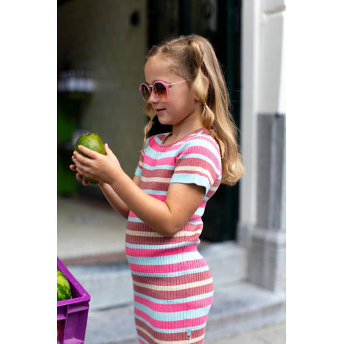Moodstreet gestreepte jurk lichtblauw roze Meisjes Polyester Ronde hals 86 92