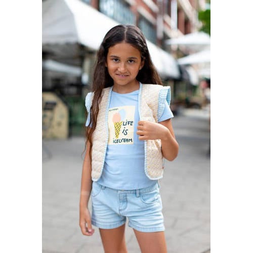 Moodstreet T-shirt met printopdruk lichtblauw Meisjes Stretchkatoen Ronde hals 86 92