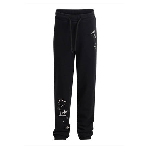 Shoeby high waist regular fit joggingbroek met tekst en borduursels zwart Meisjes Sweat - 110/116